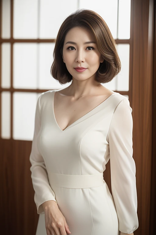 masuter piece, top-quality, masterpiece, hight resolution, Photorealsitic, Raw photography, 8k wallpaper, flawless, profetional lighting, ighly detailed, depth of fields,Pale solid color background, ((Japanese mature woman in her 60s)), chubby figure, Female sexy, Detailed face, beautidful eyes, bangss, large full breasts, Straight light brown hair that reaches to the shoulders, Faint lips, ((stand facing the center of the screen, Staring at the viewer, Serious face)),Business Wear, foot out of frame, Looking at Viewer, cowboy shot