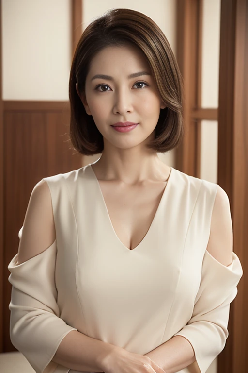 masuter piece, top-quality, masterpiece, hight resolution, Photorealsitic, Raw photography, 8k wallpaper, flawless, profetional lighting, ighly detailed, depth of fields,Pale solid color background, ((Japanese mature woman in her 60s)), chubby figure, Female sexy, Detailed face, beautidful eyes, bangss, large full breasts, Straight light brown hair that reaches to the shoulders, Faint lips, ((stand facing the center of the screen, Staring at the viewer, Serious face)),Business Wear, foot out of frame, Looking at Viewer, cowboy shot