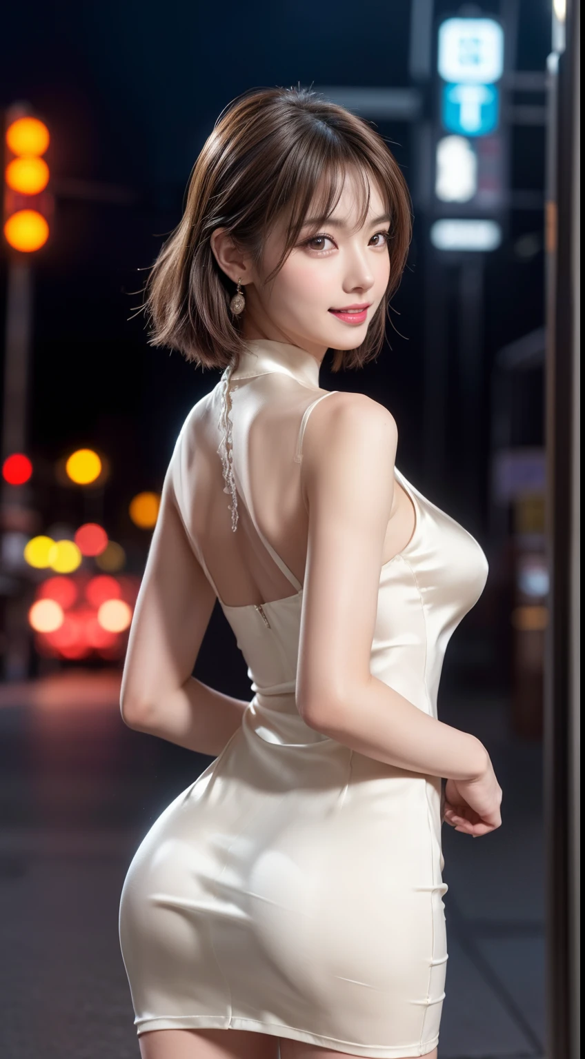 8K, masutepiece, Raw photo, Best Quality, Photorealistic, Highly detailed CG Unity 8k wallpaper, depth of fields, Cinematic Light, Lens Flare, Ray tracing, (Extremely beautiful face, Beautiful lips, Beautiful eyes), intricate detail face, ((Ultra detailed skin)) 1girl in, In the Dark, deepshadow, Pretty Korean girl, Kpop Idol, 1 girl, (Very slim and slender fit muscular body:1.3), ((Looking at Viewer)),(Big smile:1.3), (Fashion City Night, a dark night, (Neon sign), (Blurred background), Fashion Street Night),(No people in the background:1.3), Beautiful earrings, Bracelets, Necklace, pantyhose, Clear eyes, Walking, (pale skin), (big eye ace forward, (brown hair body shot), ((Silk dress:1.3)), ((tight fit dresses)), ((laced dress)), (Looking at Viewer:1.3) opened breast, Very slim, medium breasts, backtrack, (Back shot), ass forcus, Before the eyebrows,(Tight Dress), thick thighs