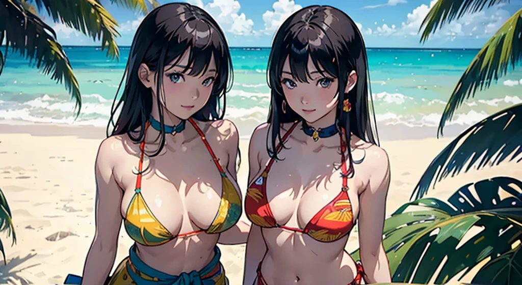 ​masterpiece、top-quality、超A high resolution、 [ 4 k digital art ]!!、 8k high quality detailed art、Wallpaper、 Detailed Digital Anime Art、Realisticity、Cinema Angle、hposing Gravure Idol、(((Two beautiful girls)))、((put your arm around your partner&#39;shoulders from behind))、cute  face、 ((Detailed depiction of a beautiful face))、kindly smile、年轻、Bikini swimwear、Photorealistic perfect body、(Bold ethnic patterns wrapped around the waist and skirt and plenty of primary colors)、light Particle、llight rays、Tropical、Against the background of palm trees on both sides、on a sunny beach、Against the background of the sea、blur backgroun、