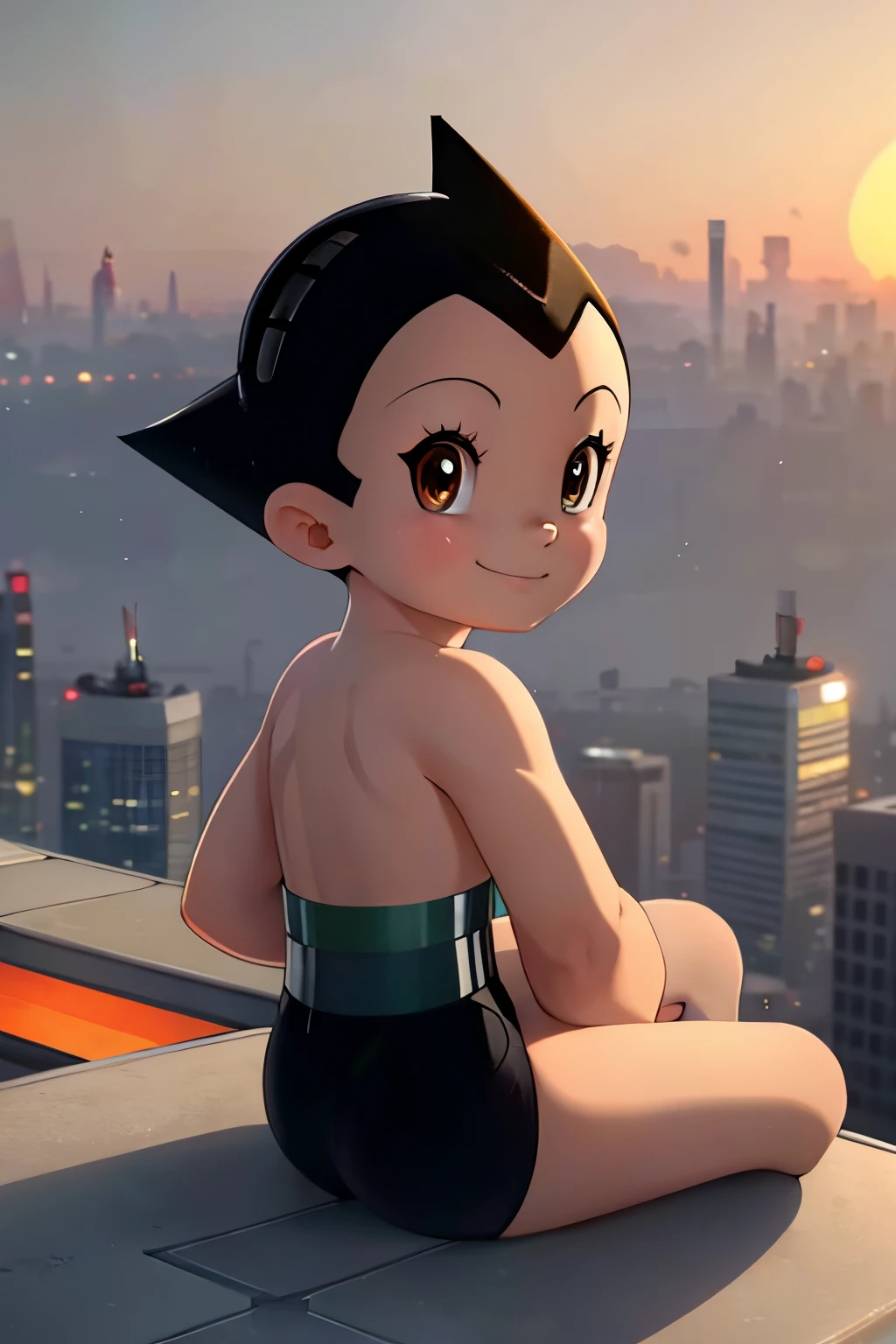 High quality close up of Astro Boy sitting on a rooftop, futuristic city backdrop, sunset, smiling, from behind, looking the viewer