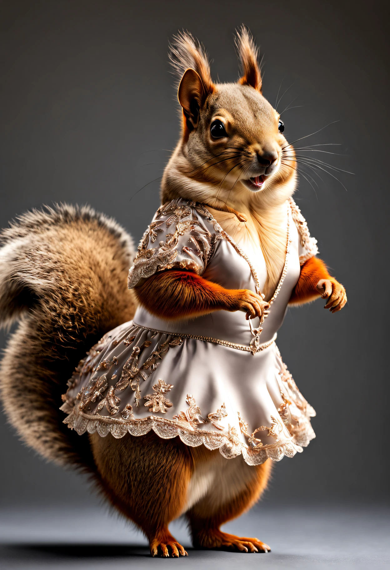 photorealistic portrait of Dressed animals - a fat squirrel ballet dancer,(ballet posing), fluffy body, high quality,(lovely) ,intricate details, highly detailed ballet costume ,(happy), studio lighting,(full body image:1.5)