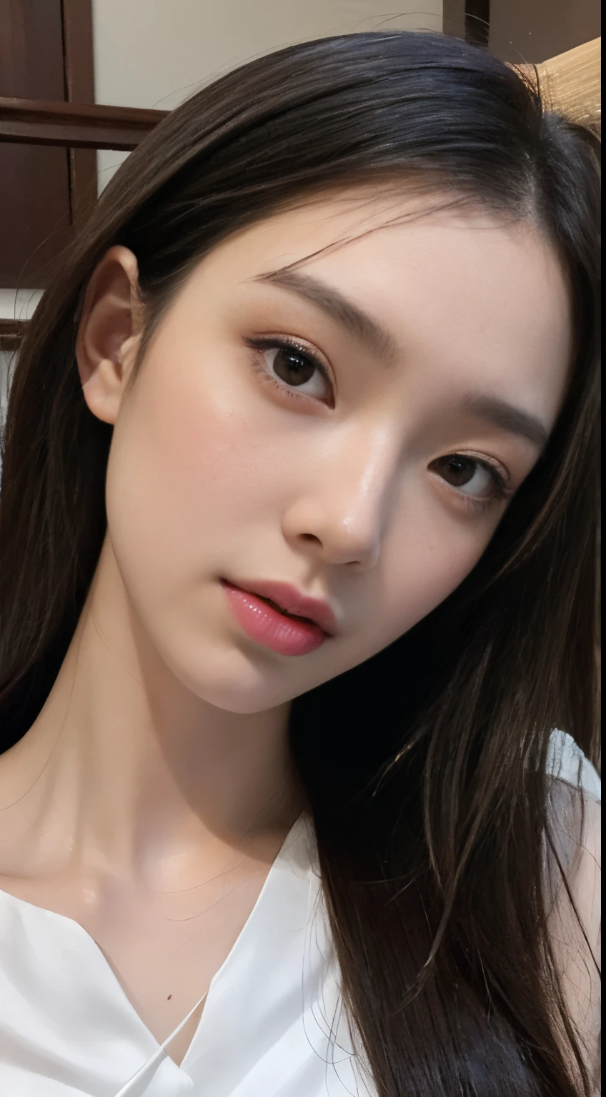 (Photorealistic),(Masterpiece),(ultra-detailed),a very close selfie of very pretty and tall idol girl but so busy that she had starved for a month so very close to fainting but somehow stays conscious for her fans and has extremely thin which are just bones and thinner than sticks and she is wearing a white loose silk dress,ghostly appearance because of thinness but beautiful