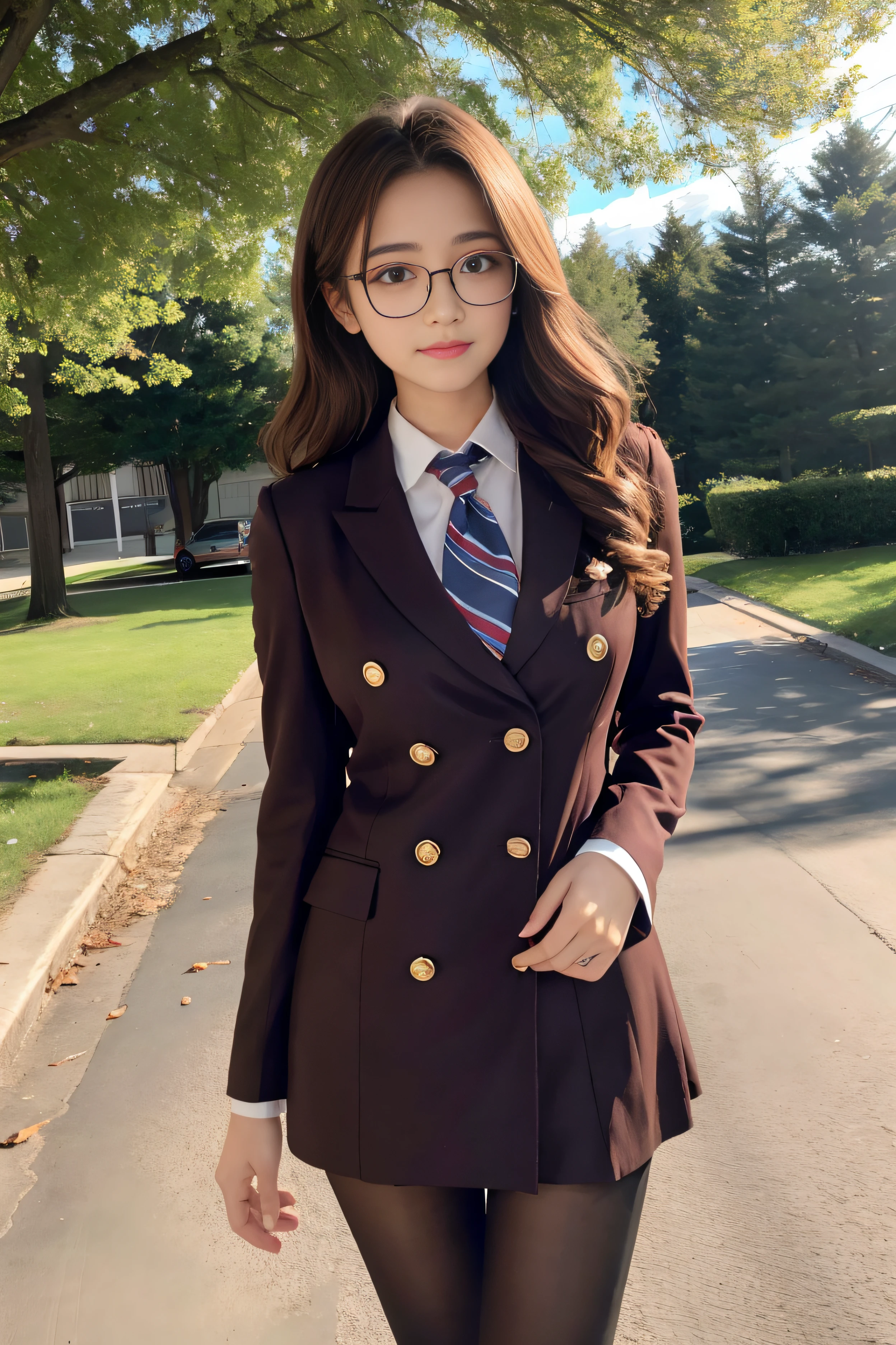 School uniform,Glasses,pantyhose?Cute,18 year old girl、,Super,Full body,nice perfect face with soft skin perfect face,gorgeous long wavy brown-haired,8K resolution,Ultra-realistic,Ultra-detailed,hightquality,huge-breasted:1.2)