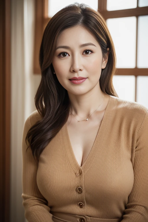 masuter piece, top-quality, masterpiece, hight resolution, Photorealsitic, Raw photography, 8k wallpaper, flawless, profetional lighting, ighly detailed, depth of fields,Pale solid color background, ((Japanese mature woman in her 60s)), chubby figure, Female sexy, Detailed face, beautidful eyes, bangss, large full breasts, Straight light brown hair that reaches to the shoulders, Faint lips, ((stand facing the center of the screen, Staring at the viewer, Serious face)),Business Wear, foot out of frame, Looking at Viewer, cowboy shot