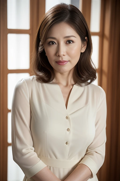 masuter piece, top-quality, masterpiece, hight resolution, Photorealsitic, Raw photography, 8k wallpaper, flawless, profetional lighting, ighly detailed, depth of fields,Pale solid color background, ((Japanese mature woman in her 60s)), chubby figure, Female sexy, Detailed face, beautidful eyes, bangss, large full breasts, Straight light brown hair that reaches to the shoulders, Faint lips, ((stand facing the center of the screen, Staring at the viewer, Serious face)),Business Wear, foot out of frame, Looking at Viewer, cowboy shot
