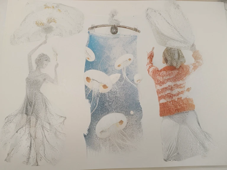 On the left a dancing woman. In the middle a person swimming into a jellyfish group. On the right a woman wearing a red sweater.