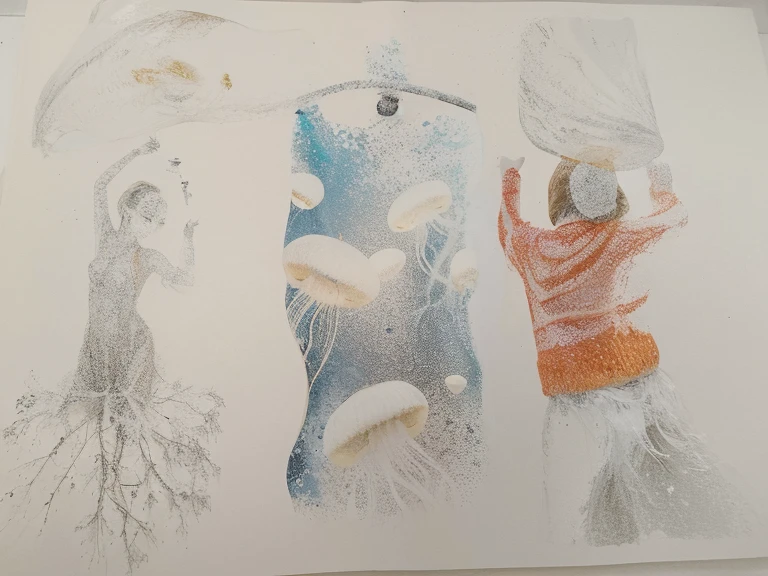 On the left a dancing woman. In the middle a person swimming into a jellyfish group. On the right a woman wearing a red sweater.