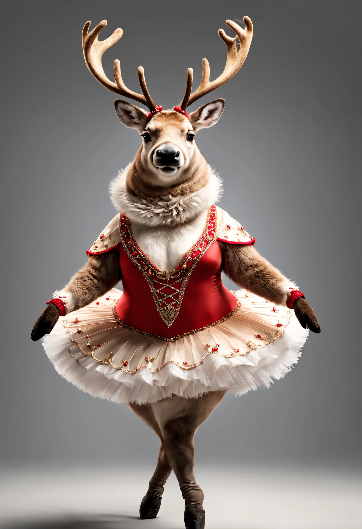 photorealistic portrait of Dressed animals - a fat reindeer ballet dancer,(attractive ballet posing), fluffy body, high quality,(lovely) ,intricate details, highly detailed ballet costume ,(happy), studio lighting,(full body image:1.5)