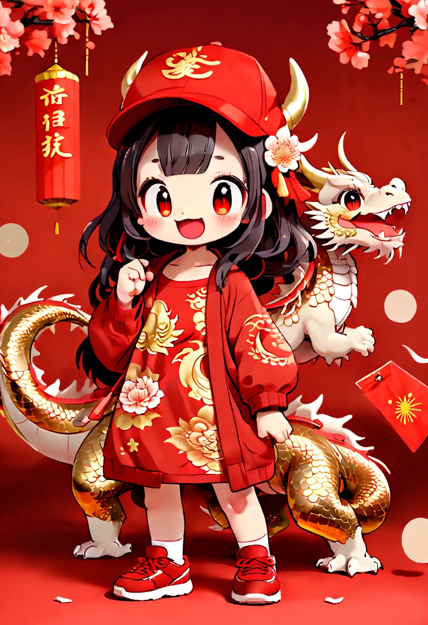 cute doodle, (((Vector illustration style))),(((1 cute Chinese dragon, standing))),(Wearing traditional red hat,Wearing Chinese red clothes,The clothes are painted with golden dragons、Phoenix and other patterns,Highlighting the theme of 2024 as the Year of the Dragon in the Chinese Lunar Calendar)。(The eyes are big,Two small dimples are revealed when blinking,Smile and open your mouth to show your neat teeth,Hand holding red envelope,Big red envelope,The action of sending blessings or receiving lucky money)。(Thick bouncy black curly hair,Wearing a small red flower on the head)。(Red hat with gold trim and embroidery,The clothes have detailed designs such as buttons and embroidery), (((The stands up,Chinese Xiangyun cloth shoes: 1.6, red LED light effect))), (Full body shot: 1.5), ((Chinese element background,Auspicious cloud background)), (pov, first-person view, Ghibli-like colours, Luminism, cinematic lighting, UHD, masterpiece, ccurate, anatomically correct, textured skin, super detail, high details, high quality, award winning, best quality, 4k), bailing_eastern dragon