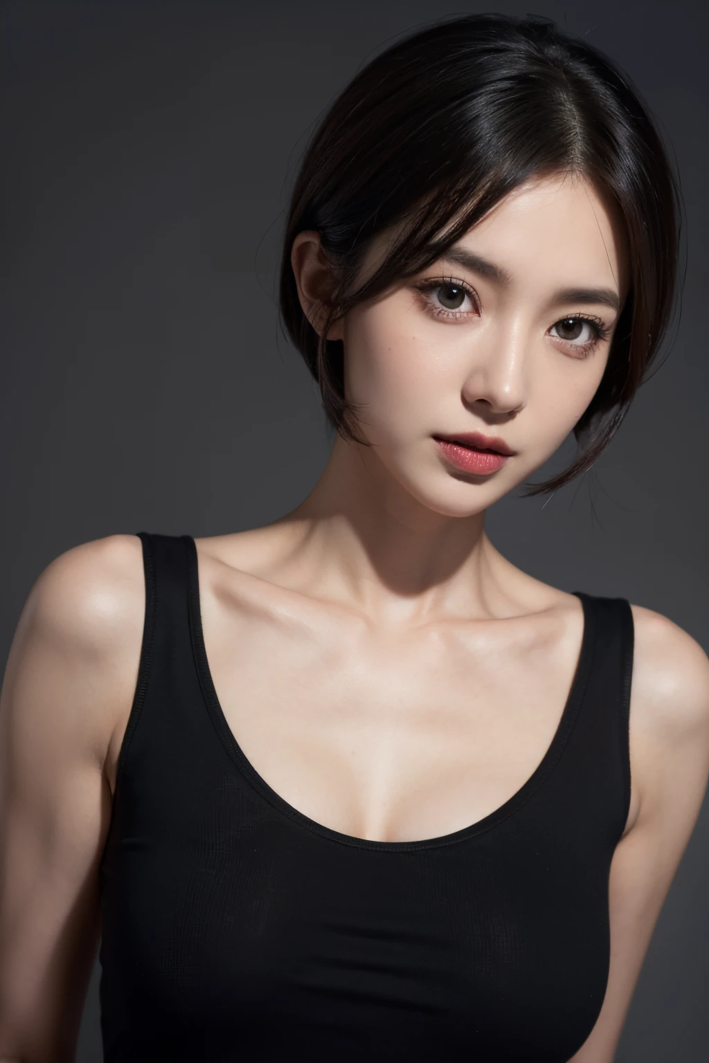 Skin Tight Black Top:1.2, Looking at Viewer, Cinematic lighting, Perfect, softlight, High resolution skin:1.2, Realistic skin texture, 30 years old mature woman、Small face、no-makeup、, off shoulders,Bust B Cup、 Exposed cleavage, Red Eyes, Short hair, dark brown hair,Gray background、