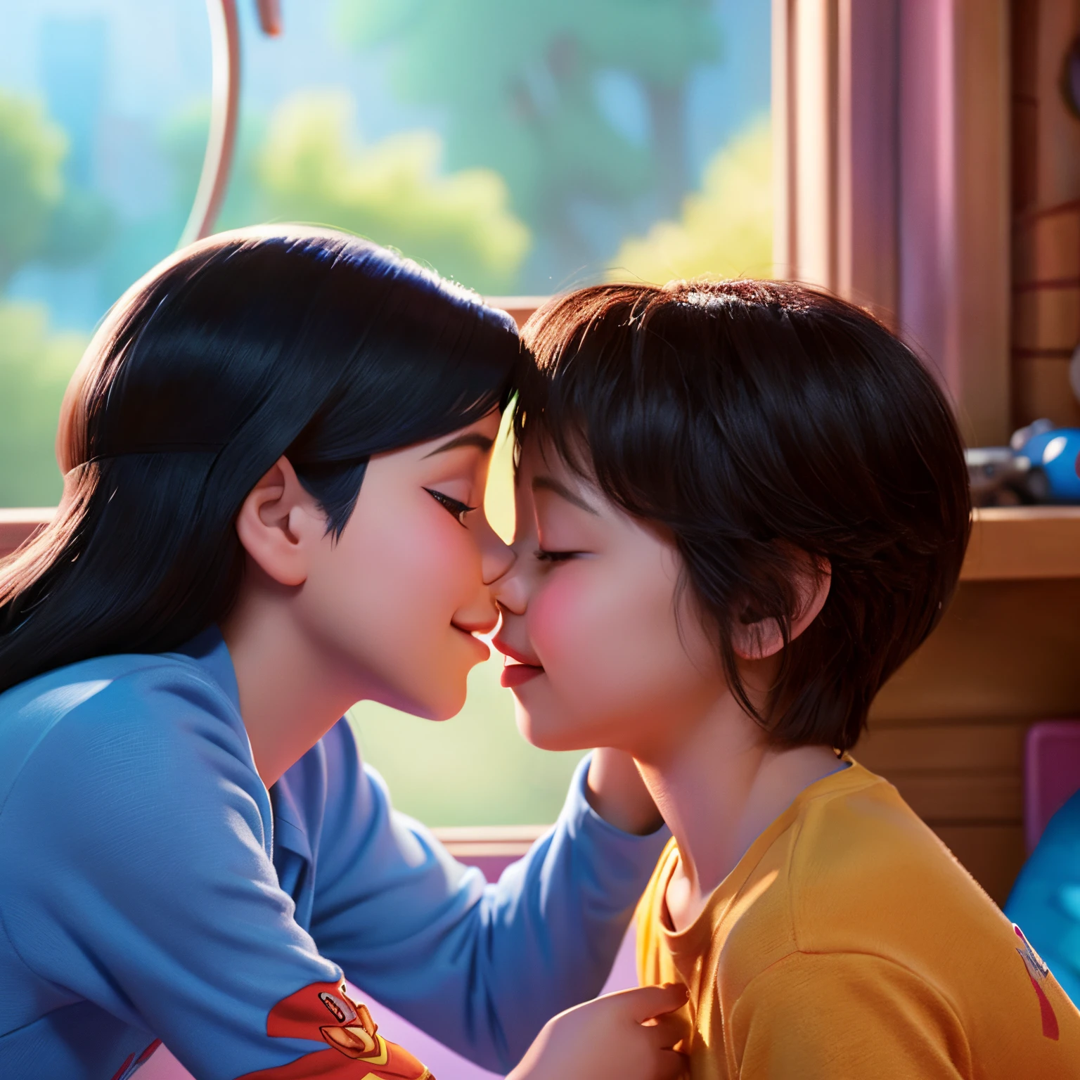 Disney Pixar illustration shows a couple touching cheek to cheek、