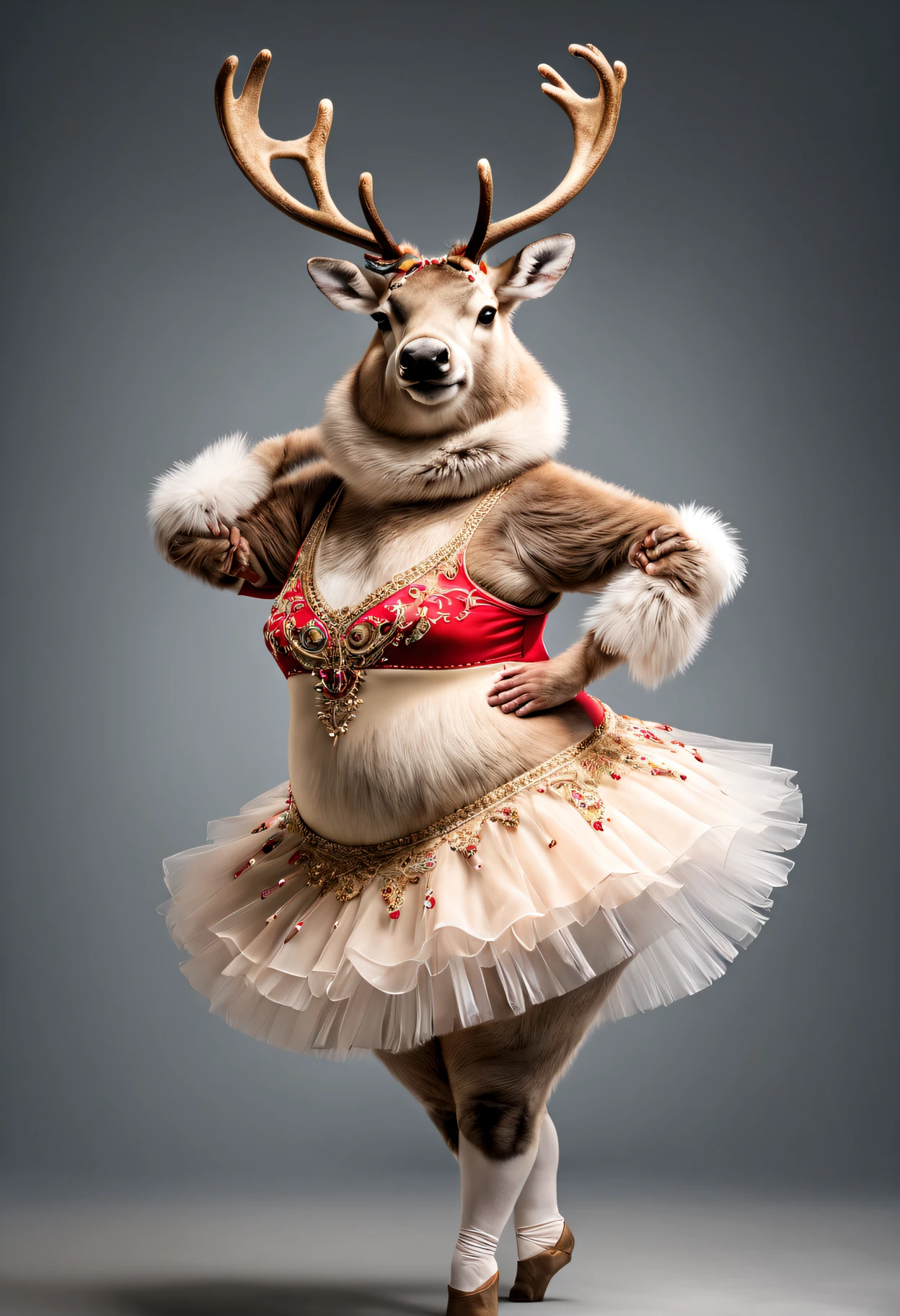 photorealistic portrait of Dressed animals - a fat reindeer ballet dancer,(attractive ballet posing), fluffy body, high quality,(lovely) ,intricate details, highly detailed ballet costume ,(happy), studio lighting,(full body image:1.5)