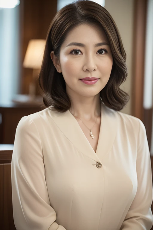 masuter piece, top-quality, masterpiece, hight resolution, Photorealsitic, Raw photography, 8k wallpaper, flawless, profetional lighting, ighly detailed, depth of fields,Pale solid color background, ((Japanese mature woman in her 70s)), chubby figure, Female sexy, Detailed face, beautidful eyes, bangss, large full breasts, Straight light brown hair that reaches to the shoulders, Faint lips, ((stand facing the center of the screen, Staring at the viewer, Serious face)),Business Wear, foot out of frame, Looking at Viewer, cowboy shot