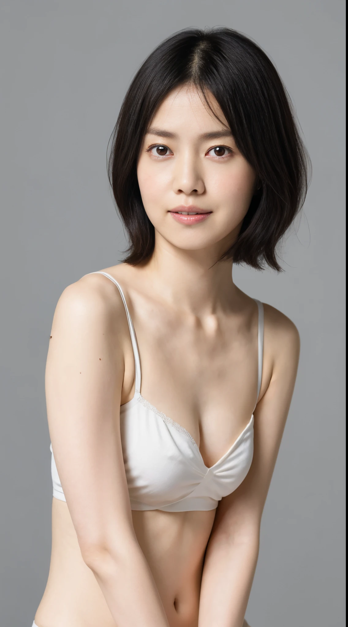 japanes, ***ite female, Medium flesh and middle back, slightly plump, Short arms, Single eyelid, Slender eyes, Ephemeral atmosphere, 30-year-old girl, Black Hair Bob Hair, ((thin lipss)), White underwear, masutepiece, Best Quality, Detailed skin, Detailed eyes, ,8K, Good anatomy, Upper body portrait