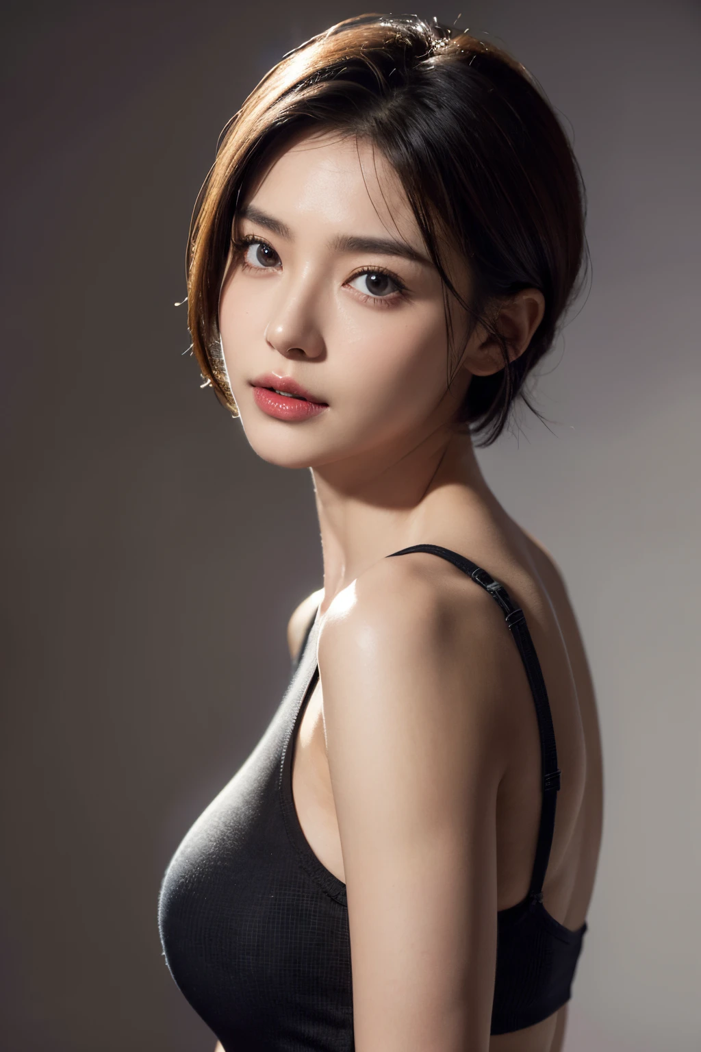 Skin Tight Black Top:1.2, Looking at Viewer, Cinematic lighting, Perfect, softlight, High resolution skin:1.2, Realistic skin texture, 30 years old mature woman、Small face、no-makeup、, off shoulders,Bust B Cup、 Exposed cleavage, Red Eyes, Short hair, dark brown  hair,Gray background、