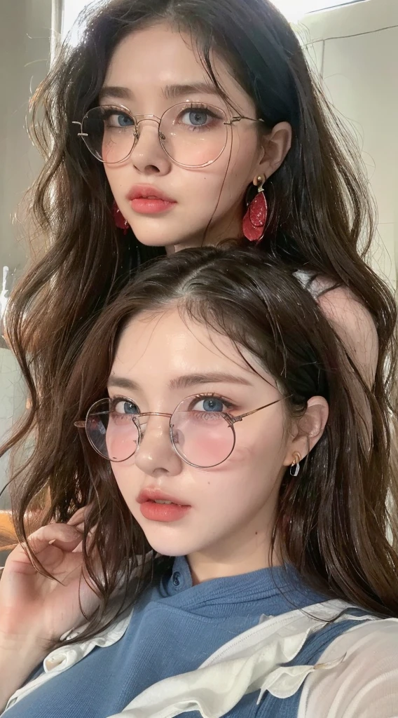 Beautiful handsome woman, ((top quality, 8k, masterpiece:1.retty woman, 1 woman, huge breasts:1.3, slender figure:1.1, elastic red long hair, (shower, wet body, wet clothes:1.1), very detailed face, detailed lips, detailed BLUE EYES, DETAILED BLUE eyes, double eyelids, Detailed blue eyes, red wet hair, wavy red wet hair, wavy red wet hair, huge earrings, middle sized breasts, Blue eyes, innocent stare at the viewer, wet red curly wavy hair, DETAILED BLUE EYES, detailed round glasses