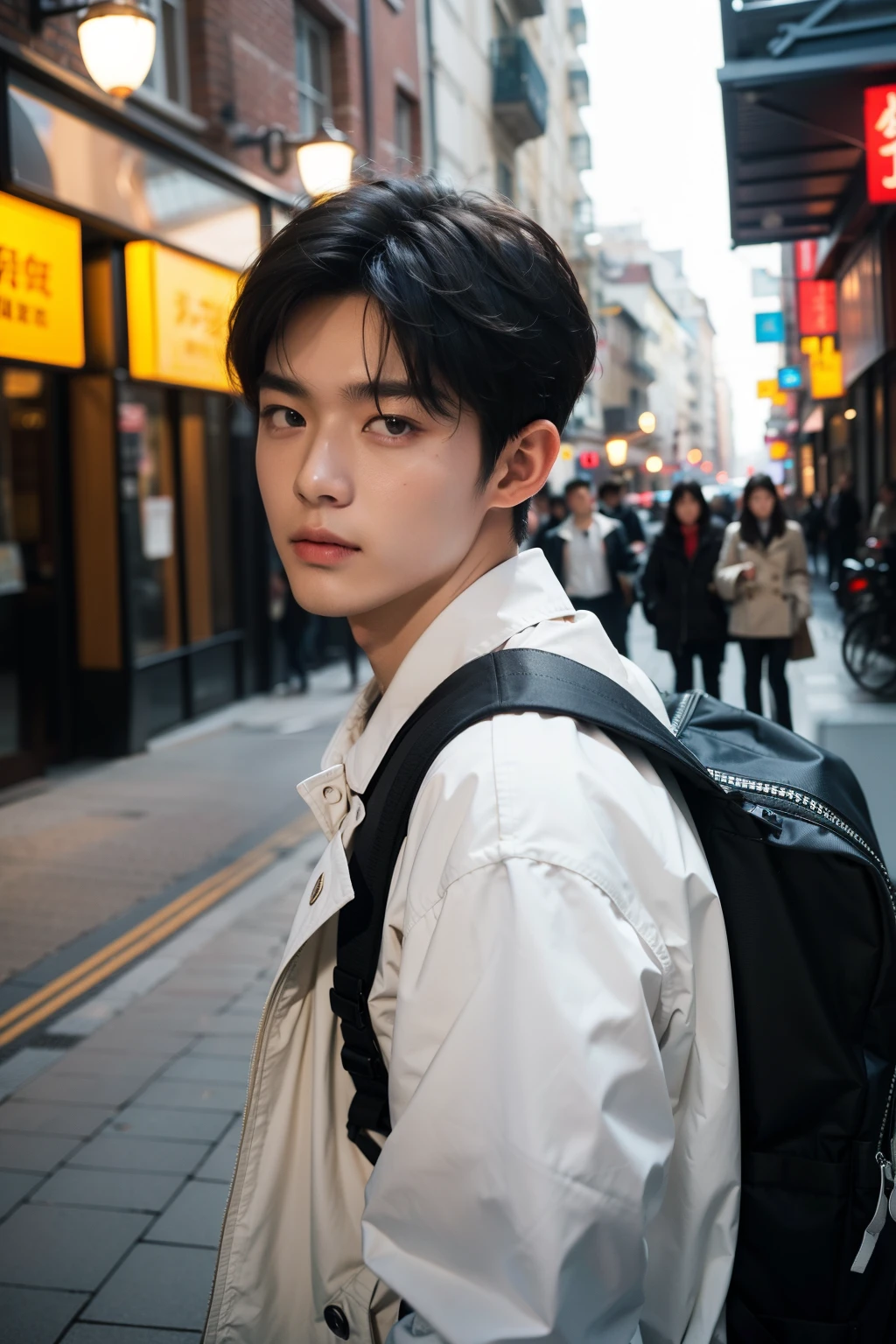 ((Best quality at best)), ((tmasterpiece)), (Detailed pubic hair), s the perfect face,Wearing a white jacket and black pantrench and German man carrying a backpack, short detailed hair,Boys are inspired by Zhang Han, cai xukun, Kim Do-young, Inspired by Bian Shoumin, Inspired by Xiao Yuncong, yihao ren, yanjun cheng, jinyiwei, inspired by Huang Gongwang, xintong chen, jaket, Wearing Japanese tech clothing,(((bokeh))),depth of fields,((8K 、RAW photogr、quality、masterpiece)、High detail RAW color photos professional photos、(Realistic、photographrealistic:1.37)、(quality)、超A high resolution、The integration of 8K and HDTV CG、physically-based renderingt、quality、masterpiece、The very detailed、A high resolution、At 8K、超A high resolution、detailed shadow、Surreal、Realistic、Realistic eyes、real looking skin, (absurd res, A high resolution, ultra - detailed),((tmasterpiece)), ((Best quality at best:1.1)), A high resolution, 8K,1boys, Best quality at best, tmasterpiece, (realisticlying:1.4), 4K, high qulity, tmasterpiece, Best quality at best, A high resolution,