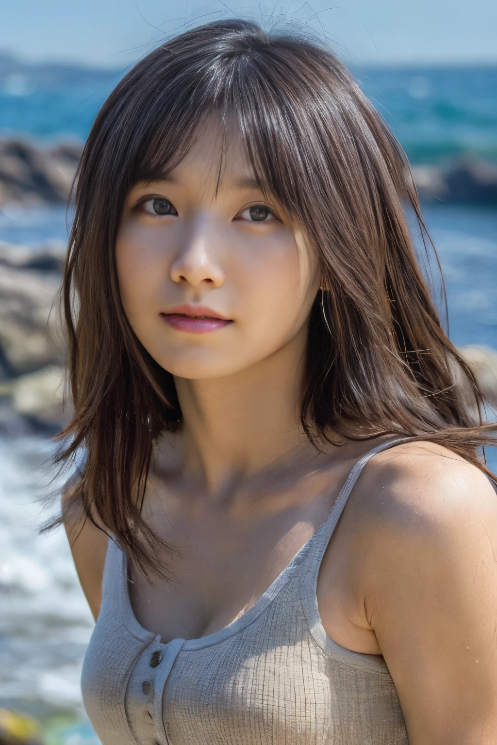 ((Top Quality)),((Masterpiece)),((Very Beautiful)), Distinctive light and shadow, One girl, Messy hair, Realistic skin texture, Strong wind, Rain, Rocky shore, Rough sea, Feminine pose