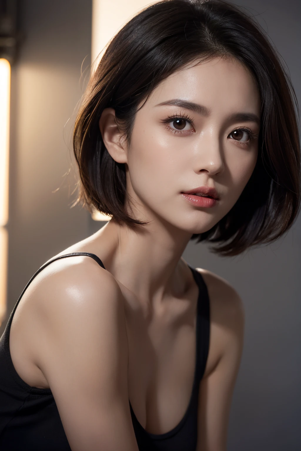 Skin Tight Black Top:1.2, Looking at Viewer, Cinematic lighting, Perfect, softlight, High resolution skin:1.2, Realistic skin texture, 30 years old mature woman、Small face、no-makeup、, off shoulders,Bust B Cup、 Exposed cleavage, Red Eyes, Short hair, dark brown  hair,Gray background、