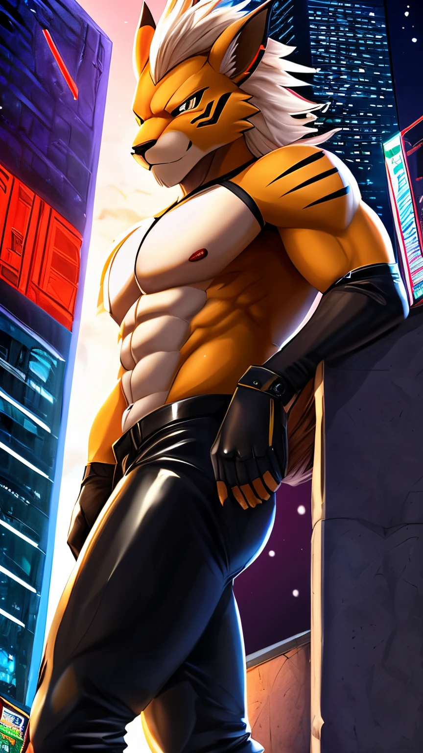 Furry leomon boy, muscular, cyber city, cyberpunk, night, leather arms and hands glove, leather legs and riding boots, leather pants, looking, anime, digimon, 4K