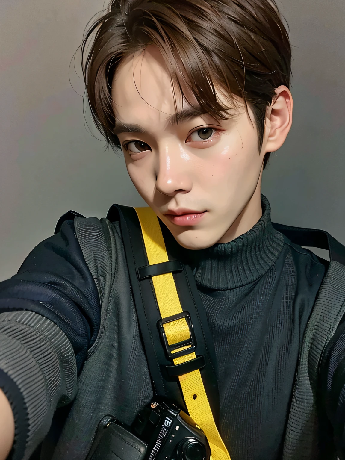 Young man with a camera strap taking a selfie, byun baekhyun de exo, 8k, UltraHD, fotorrealista.