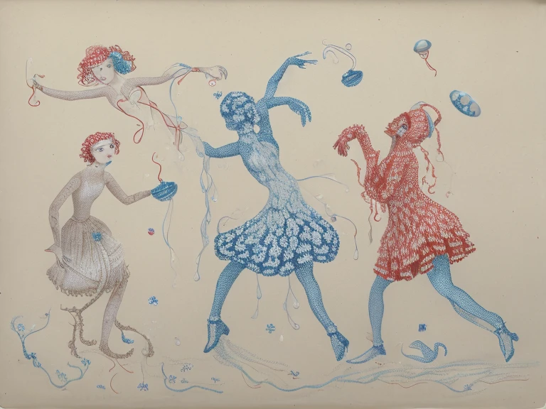 On the left a dancing woman. In the middle a person swimming into a jellyfish group. On the right a woman wearing a red sweater.