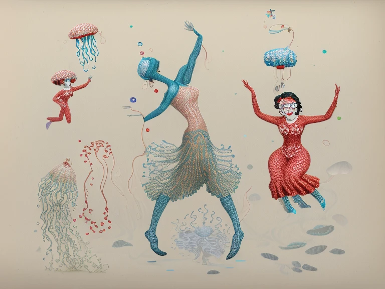 On the left a dancing woman. In the middle a person swimming into a jellyfish group. On the right a woman wearing a red sweater.