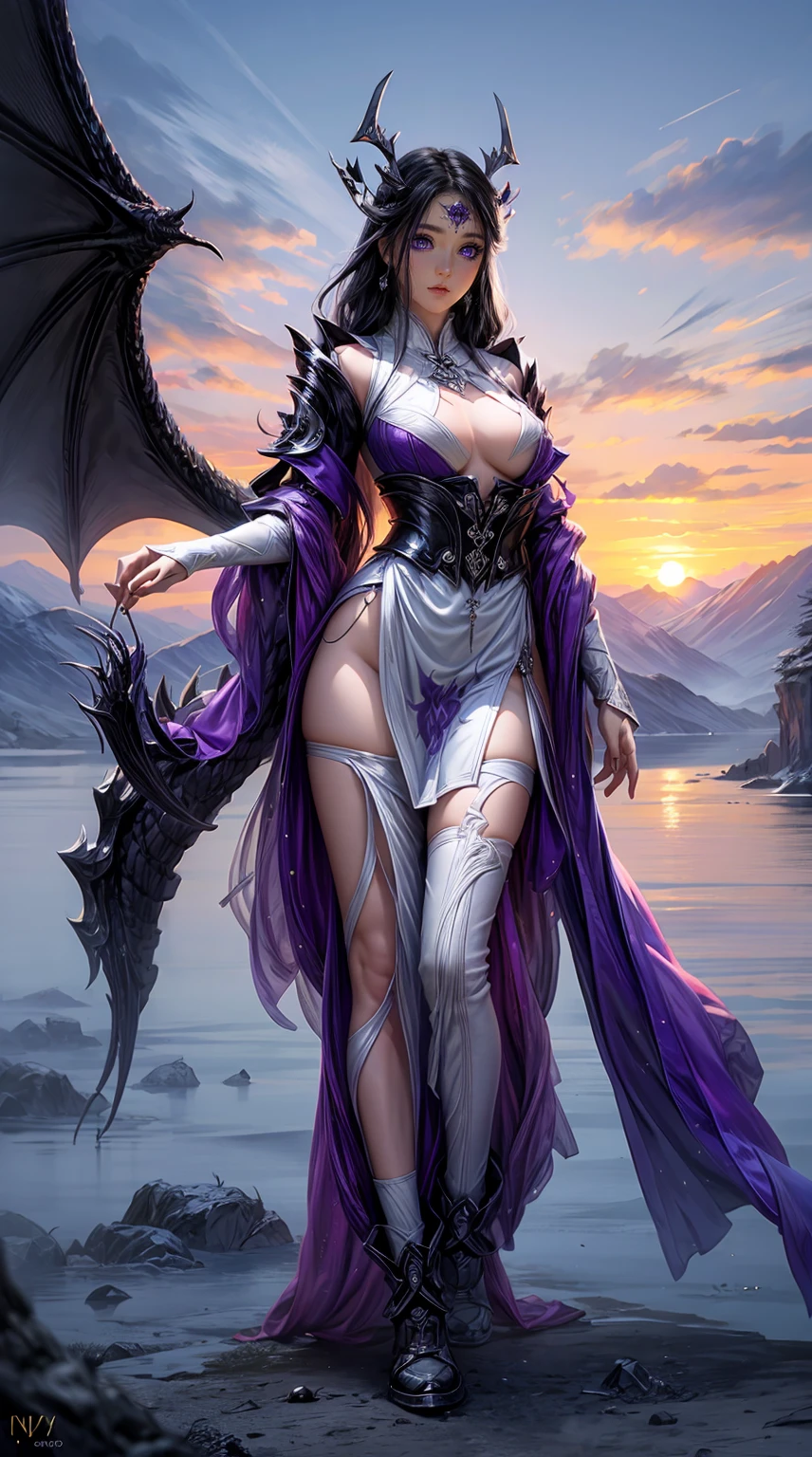 8K, realistic, Ultra High Definition, Super detailed, young girl of 18 years, Shiny detailed hair, dragon ears, detailed face, dragon features, fantasy landscape, solo, looking at viewer, {{best quality}}, {{masterpiece}}, {{ultra-detailed}}, {detailed light}, ultra high quality eyes, detailed eyes, perfect eyes, large eyes, purple eyes, sexy tattoo, black hair, long hair, metallic dragon horns, beautiful earrings, beautiful, skinny body, white skin, kimono, futuristic and brightly colored sneakers, slutty, erotic, standing in suggestive pose, ((nsfw))