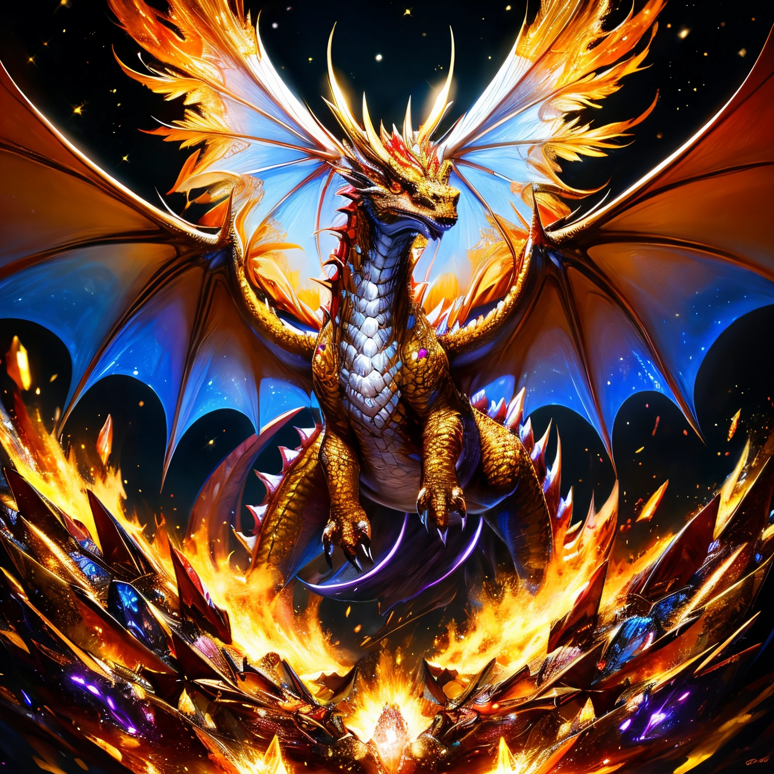 super high quality, 8k, RAW photo, realistic, detailed and delicate depiction and flashy and dynamic painting method, dignified, brave, and divine dragon, background kaleidoscope studded with glittering gold, silver, and precious stones