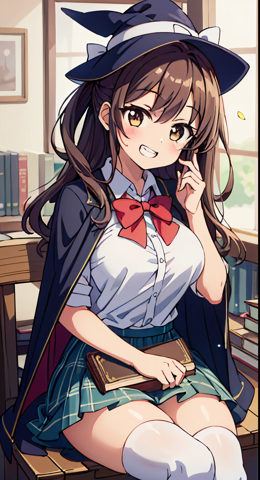 (Cute illustration:1,2),(Absurd realistic structure details),(High resolution complex and detailed text quality),(High-resolution microstructure、High poly 3 boobs D rendering correction),Methods of geometry,Careful explanatory anatomy,
BREAK,
1girl in, (Cute:1.5),(Chibi:0.5),(kawaii:2.0),(Lori:2.0),(7 year old girl),(Solo:1.65),BREAK, (flat chest:1.2,), Clear skin, Beautiful skin, Shy, One Beautiful Girl,(Hair Bow, reddish brown hair, Twin-tailed:1.2), (Brown eyes, long eyelashes, Double eyelids: 1.2), Shiny skin, gleaming skin,Clear skin, Beautiful skin,( A smile:1.5), Solo,gleaming skin, Clear skin, Beautiful skin(best quality face),(Top quality glowing eyes), (The best smile,Doya face:1.45), BREAK, Witch Hat,
(grin, 😀, Smirk), Open mouth, angry, droolng, (tag(School uniform:1.1), Fantasy costume,
(wizard's cloak, Black cloak), (Collared shirt, White shirt), (Miniskirt:1.2), (Green skirt, Pleated skirt), (plaid skirts:1.1), (thick thighs:1.2), (black kneehighs:1.2), (zettai ryouiki:1.3),BREAK, (Magic books are spread out on the table:1.2), Stacked books,
(Girl sitting on chair with legs crossed:1.2), 1 hand raised, Detailed hand,
BREAK,(day), Indoor, medieval fantasy archives, gothic library, Magic Book, bookcase, 1 table, 1 chair, 1 lantern, basements, darkened room, (Countless crystals floating in the air:1.2), (big chunks :1.2), Waterfall,depth of fields,
BREAK,wakame,wakame,wakame,(Cowboy Shot:1.4),
BREAK,(Blurry background:1.3),(absurderes, hight resolution, Super Detail Art),cel shading,Clear Color, Lonely optical effect, Beautiful pictures, Bright glow, mystic atmosphere,(Close-up of girl:1.1), Mystical light particle effect,manga influence, clean line drawings,
ryu, ryu, ryu, ryu, ryu, ryu, ryu, ryu, ryu, ryu, ryu, ryu