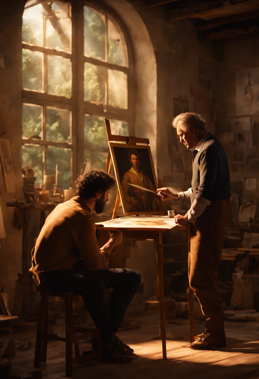 In the art studio, an 8K cinematic shot captures a disheartened Marco showing the marked painting to Giuseppe. The studio feels cozier, with the evening light filtering through.