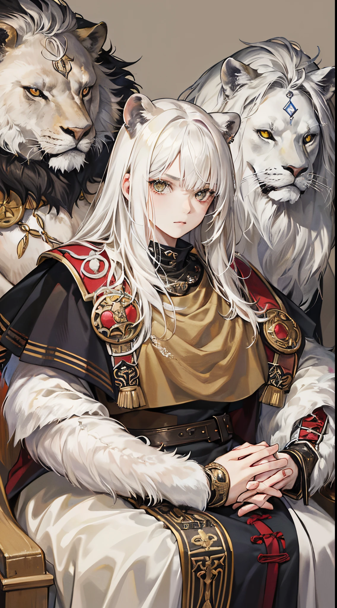 Create a portrait of an old warrior lion with marks from battles and fights, forte estilo dark, obscuro e aterrorizante, com raiva, mostrando os dentes e com orelha rasgada. Cego de um olho com cicatrizes. Um filhote na frente confiante e protegido.