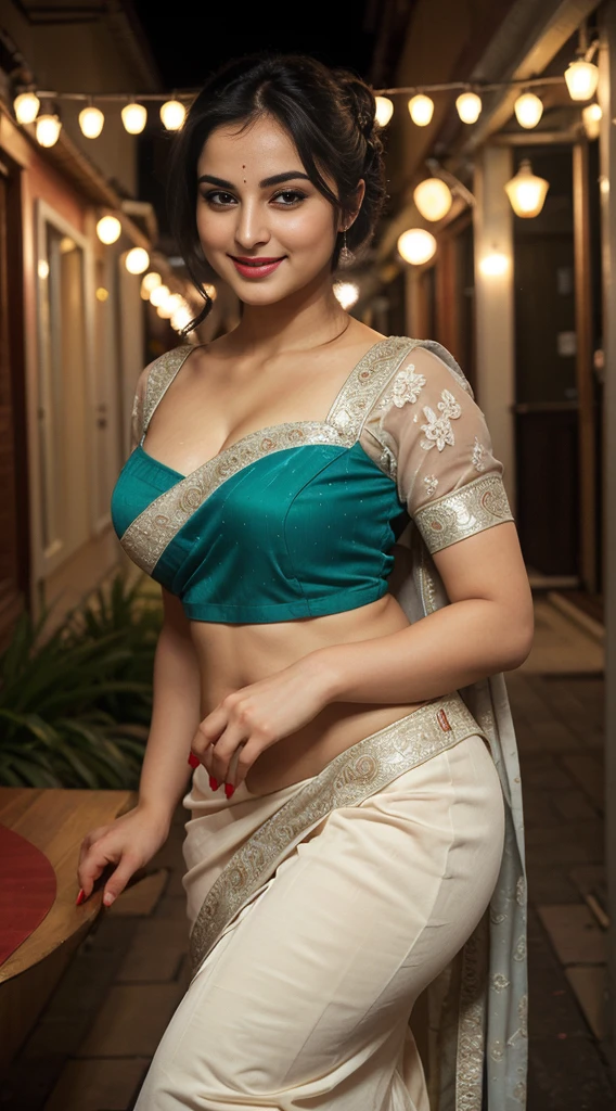 saira banu 26 years old beautiful different face cute sexy Indian girl, curvy figure, beautiful different colorful covered blouse Banarasi saree, big c-cup tight breast, different bun hairstyle, bright eyes, thin eyebrows, fair skin, blushing cheeks, head to thigh view, smiling face, Kamasutra expression, Straight front view standing beautiful different mountain on village background, ultra realistic, head to thigh view, black hair, Provocative eye Contact, glossy lips, raining weather, attractive eye contract face