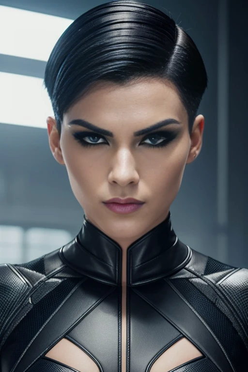 4k highly detailed realistic female supervillain dressed in cropped carbon fiber, white short undercut bob hairstyle, hair covering one eye, ((sharp Jawline)), (full body Including Legs), Seduction and fantastic poses