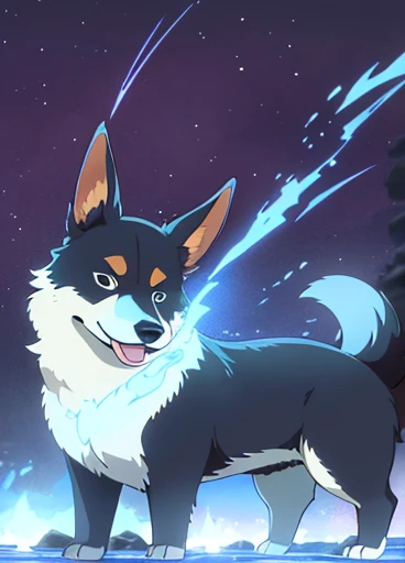 shinkai makoto, fantasy. A corgi created of darkness, with eyes that glow. the air around it seems ethereal. it stands in front of a lake made of blue fire. evil