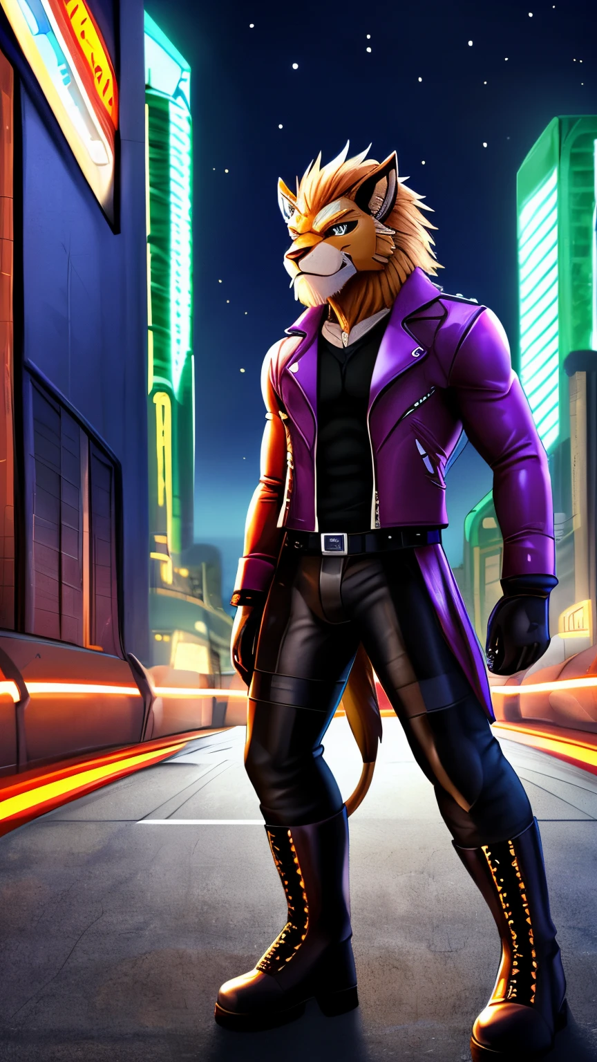 Furry leomon boy, muscular, tail lion, cyber city, cyberpunk, night, wear leather jacket, leather arms and hands glove, leather legs and riding boots, leather pants, looking, anime, digimon, 4K