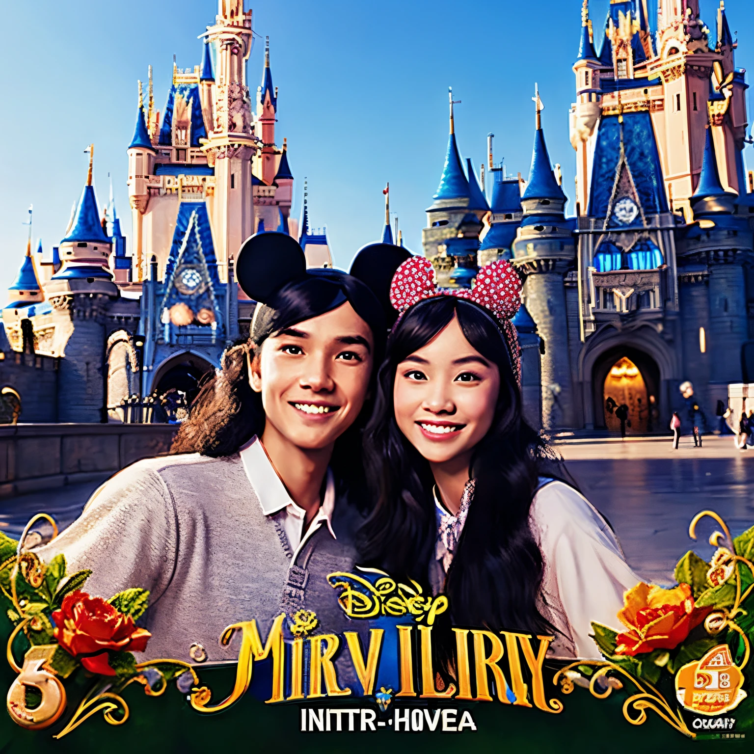 Disney Pixar poster shows a boy with parted hair wearing a Mickey headband and a girl with long black hair wearing a Minnie headband taking a selfie in front of Cinderella Castle.