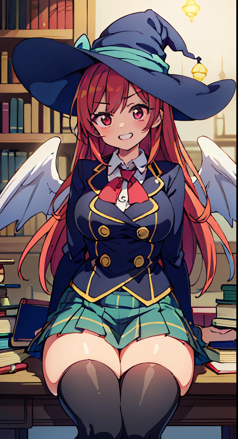 (Cute illustration:1,2),(Absurd realistic structure details),(High resolution complex and detailed text quality),(High-resolution microstructure、High poly 3 boobs D rendering correction),Methods of geometry,Careful explanatory anatomy,
BREAK,
1 beautiful girl, (Beauty:1.5),(Chibi:0.5),(kawaii:2.0),(Cool:2.0),((17 year old girl),(Solo:1.65),BREAK, (huge-breasted:1.2,), Clear skin, Beautiful skin, Shy, 1 beautiful woman,Demons,Colossal tits(Hair Bow, Red hair, Long hair, flipped hair, hair messy,Wings of an angel on the back, Demon King's horn on the head:1.2), (Red Eyes, long eyelashes, Double eyelids: 1.2), Shiny skin,de pele branca,dial,(best quality face),(Top quality glowing eyes),(Doya face,brave face:1.45), BREAK, Witch Hat,
(grin, 😀, Smirk), Open mouth, angry, droolng, (tag(School uniform:1.1), Fantasy costume,
(sorcerer'cloak of, Black cloak), (Collared shirt, White shirt), (Miniskirt:1.2), (Green skirt, Pleated skirt), (plaid skirts:1.1), (thick thighs:1.2), (black kneehighs:1.2), (zettai ryouiki:1.3),BREAK, (Magic books are spread out on the table:1.2), Stacked books,
(Girl sitting on chair with legs crossed:1.2), 1 person's hand raised, Detailed hand,
BREAK,(day), Indoor, medieval fantasy archives, gothic library, Magic Book, bookcase, 1 table, 1 chair, 1 lantern, basements, darkened room, (Countless crystals floating in the air:1.2), (big chunks :1.2), Waterfall,depth of fields,
BREAK,wakame,wakame,wakame,(Cowboy Shot:1.4),
BREAK,(Blurry background:1.3),(absurderes, hight resolution, Super Detail Art),cel shading,Clear Color, Lonely optical effect, Beautiful pictures, Bright glow, mystic atmosphere,(Close-up of girl:1.1), Mystical light particle effect,manga influence, clean line drawings,
Ryu, Ryu, Ryu, Ryu, Ryu, Ryu, Ryu, Ryu, Ryu, Ryu, Ryu, Ryu
