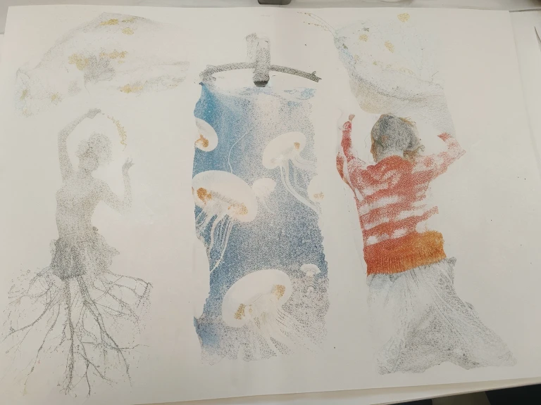 On the left a dancing person. In the middle a person swimming into a group of jellyfish. On the right a woman wearing a red sweater.