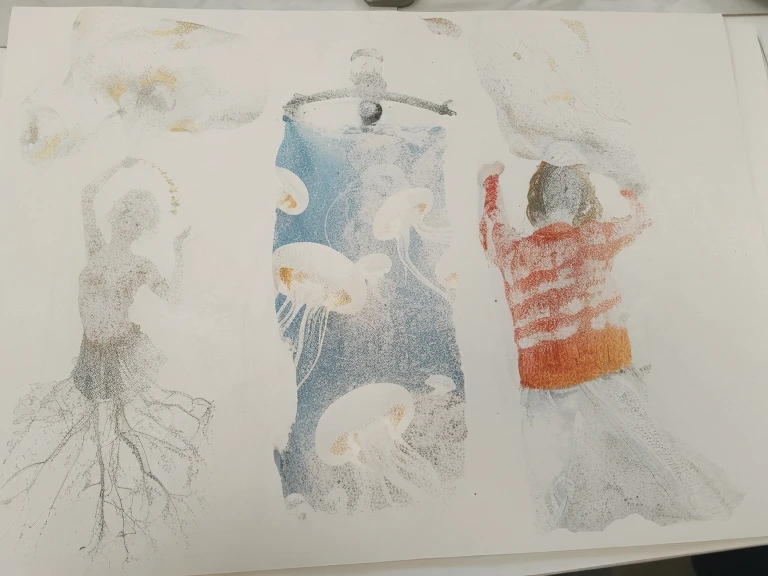 On the left a dancing person. In the middle a person swimming into a group of jellyfish. On the right a woman wearing a red sweater.
