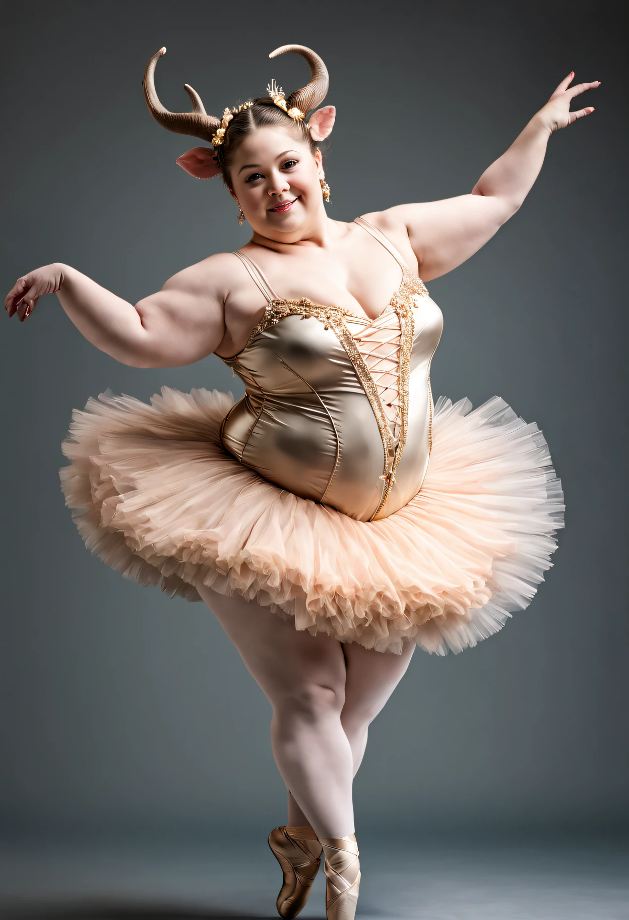 photorealistic portrait of Dressed animals - a fat faun ballet dancer,(attractive ballet posing), fluffy body, high quality,(lovely) ,intricate details, highly detailed ballet costume ,(happy), studio lighting,(full body image:1.5)