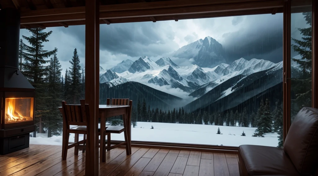 mountain hut,window,night landscape,very heavy rain,stormy,the woods,fireplace,a chair,coffee cup
