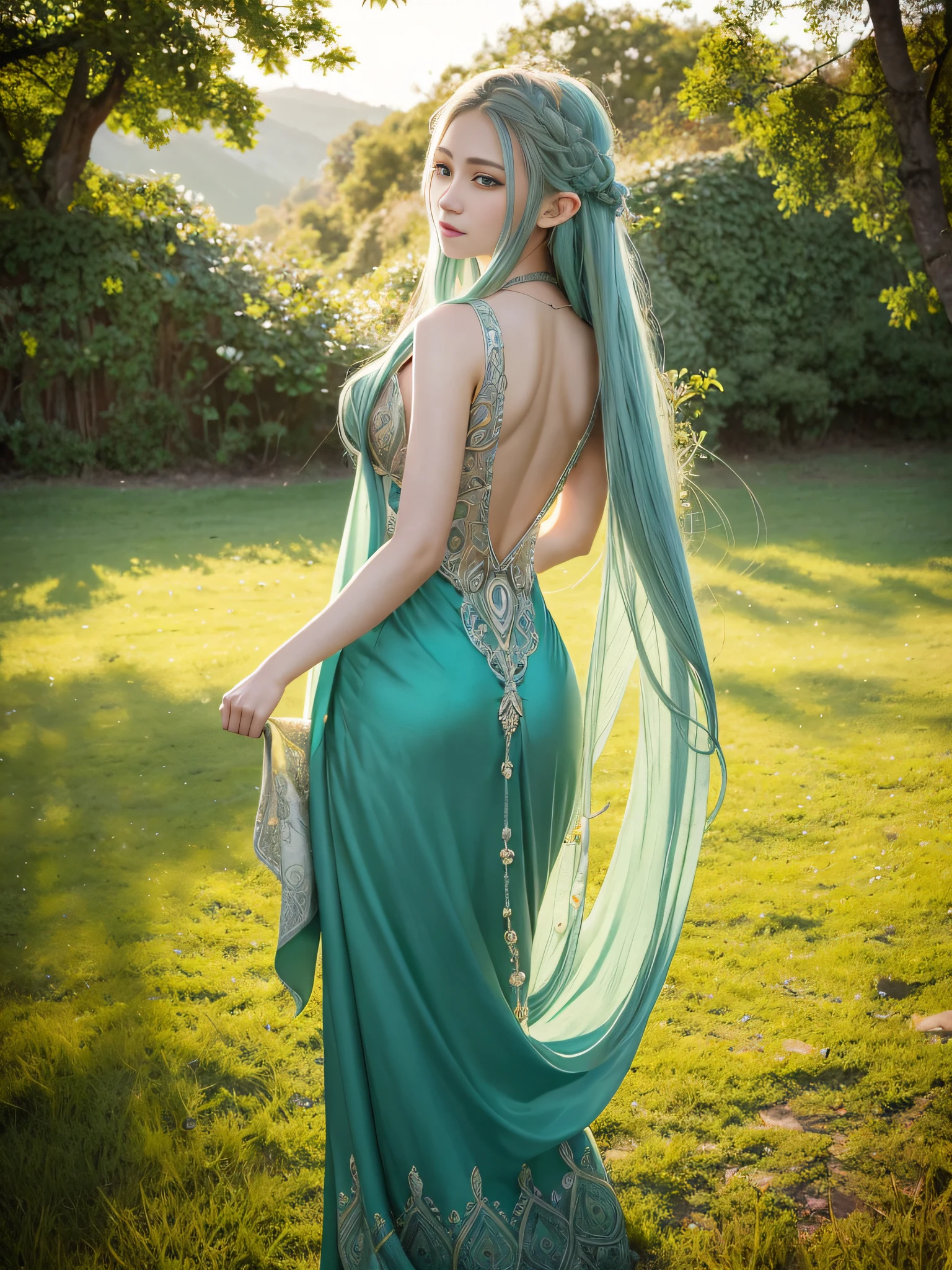 Imagine a scene in a lush, enchanted forest where soft sunlight filters through the dense canopy of ancient trees. A young woman dressed in a flowing, iridescent gown that glimmers with the green of the forest, stands at the heart of this woodland realm. Green hair long cascades down her back, adorned with delicate flowers that match the wild flora surrounding her. She's barefoot, with a look of serene wisdom in her eyes, as if she's an embodiment of the forest spirit. The forest floor is carpeted with rich green moss and dotted with tiny, vibrant wildflowers. Whole body nice ass show