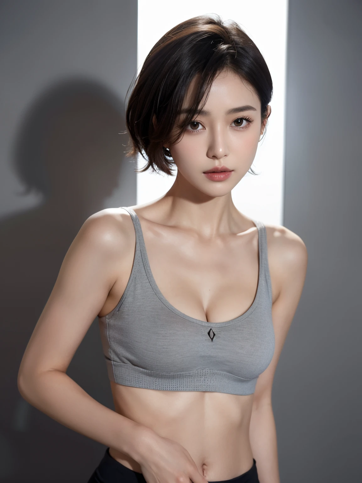Skin Tight Black Top:1.2, Looking at Viewer, Cinematic lighting, Perfect, softlight, High resolution skin:1.2, Realistic skin texture, 30 years old mature woman、Small face、no-makeup、, off shoulders,Bust B Cup、Small breasts、 Exposed cleavage, Sportsbra、Sports pants、Short hair,dark brown  hair、fullnude、 Gray background、