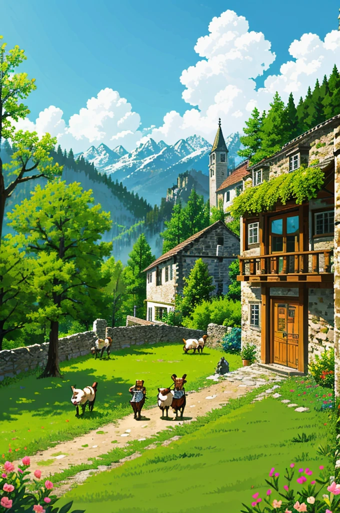 Montagne, Campagne, Village lointain, Cowboy gardant ses moutons, Printemps, sunny weather, D'un point de vue globale