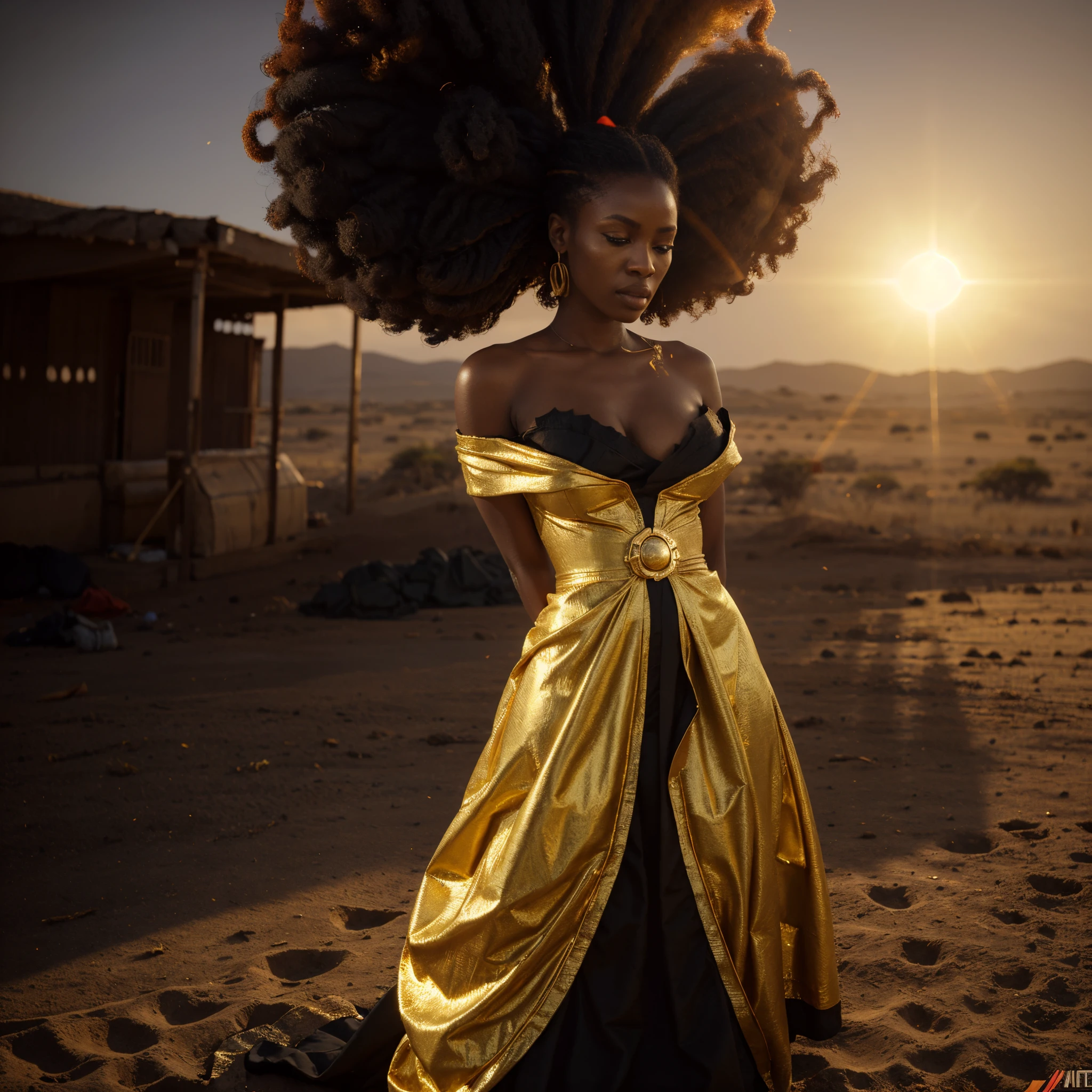 Wide angle shot of a beautiful african woman dressed in a black and gold African designed dress, with red smoke on the ground blowing with the wind, gold sun in the background providing a moody atmospheric cinematic lighting, hyper-realistic image, 32k, ultra HD, unreal engine rendered, cinematic lighting, artgerm style,