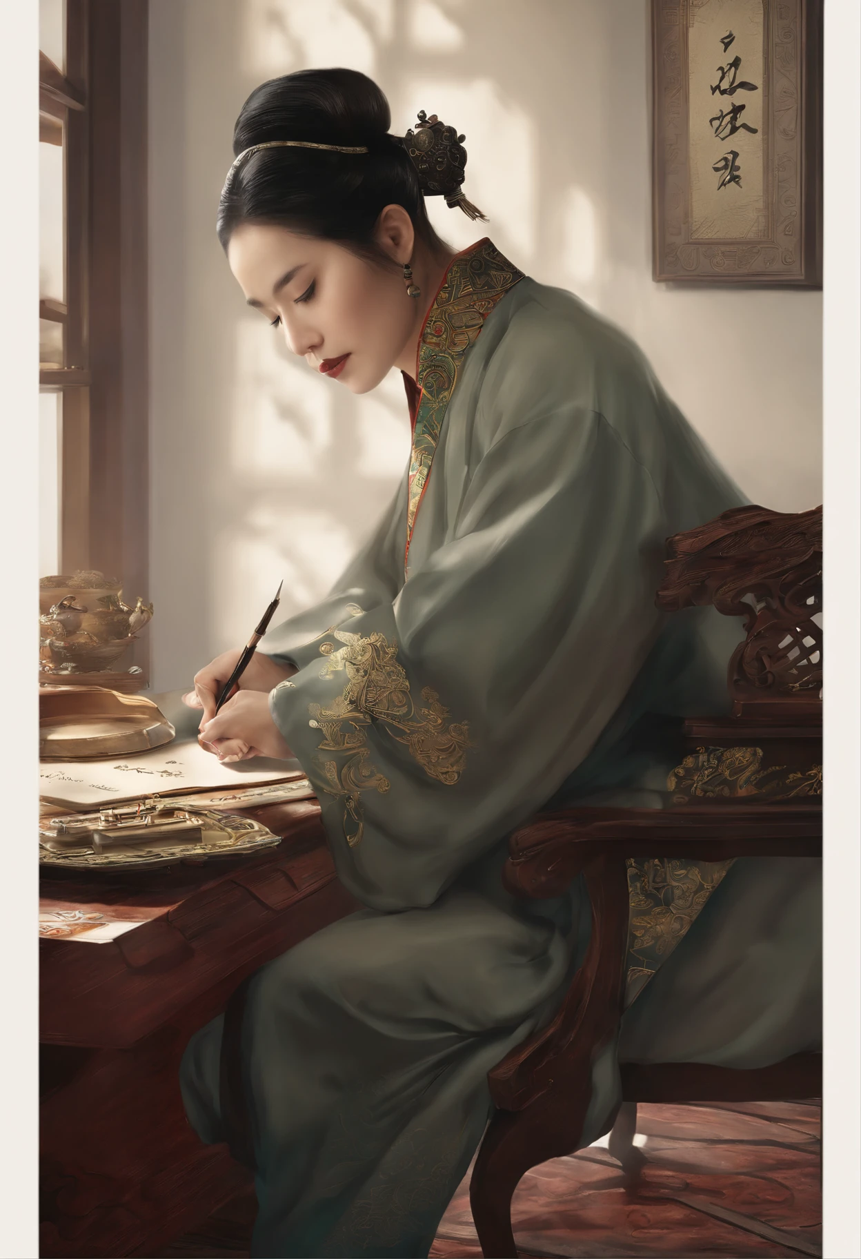There an old calligrapher sitting in the study room, Focused, Hold a paintbrush in your right hand, There a pen on the table, ink, , ink, ink, Chinese