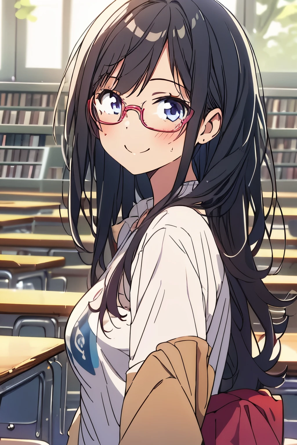 1girl,glasses,smile,non nsfw,nerd,,medium breast,closed breast,smile,Bring a book,library,onee san