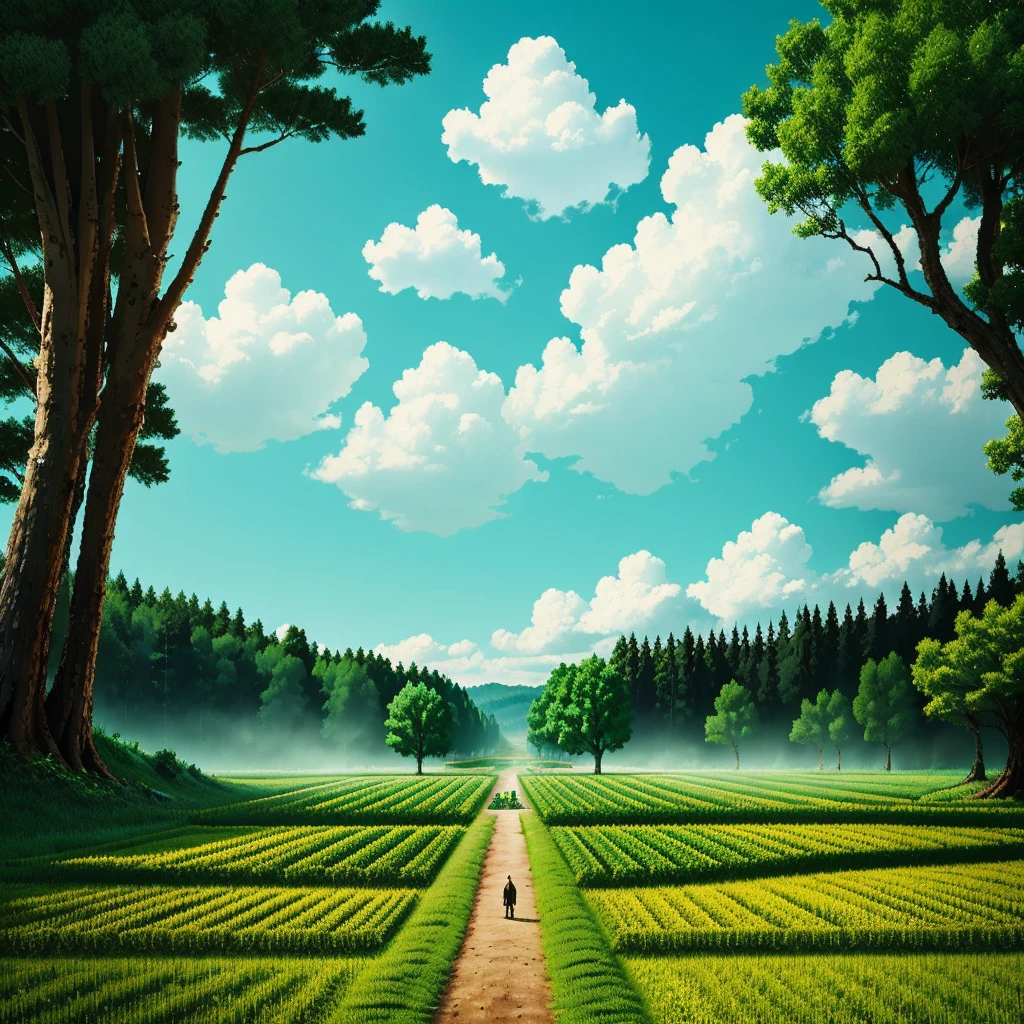 Wheat field、Large cloudlue open sky、rice fields、the woods、Hillside、secluded、countryside、HD Detail、Hyper-detailinovie、surrealism、Soft light、Deep field focus bokeh、Ray traching、surrealism。 、Country grandfather、cool --v6